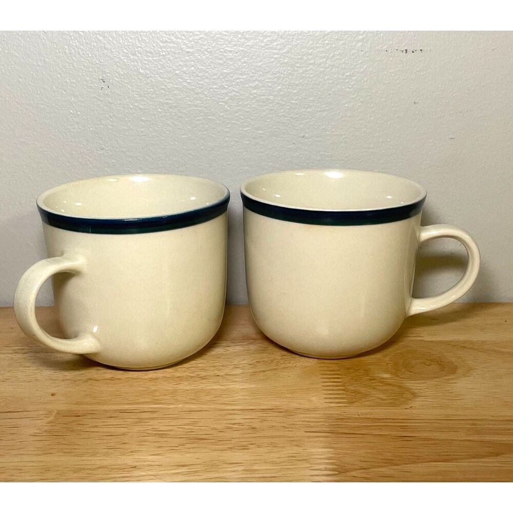 Vintage Tienshan Kitchen Basics Colors Coffee Mugs Cream Blue Rim Set of 2